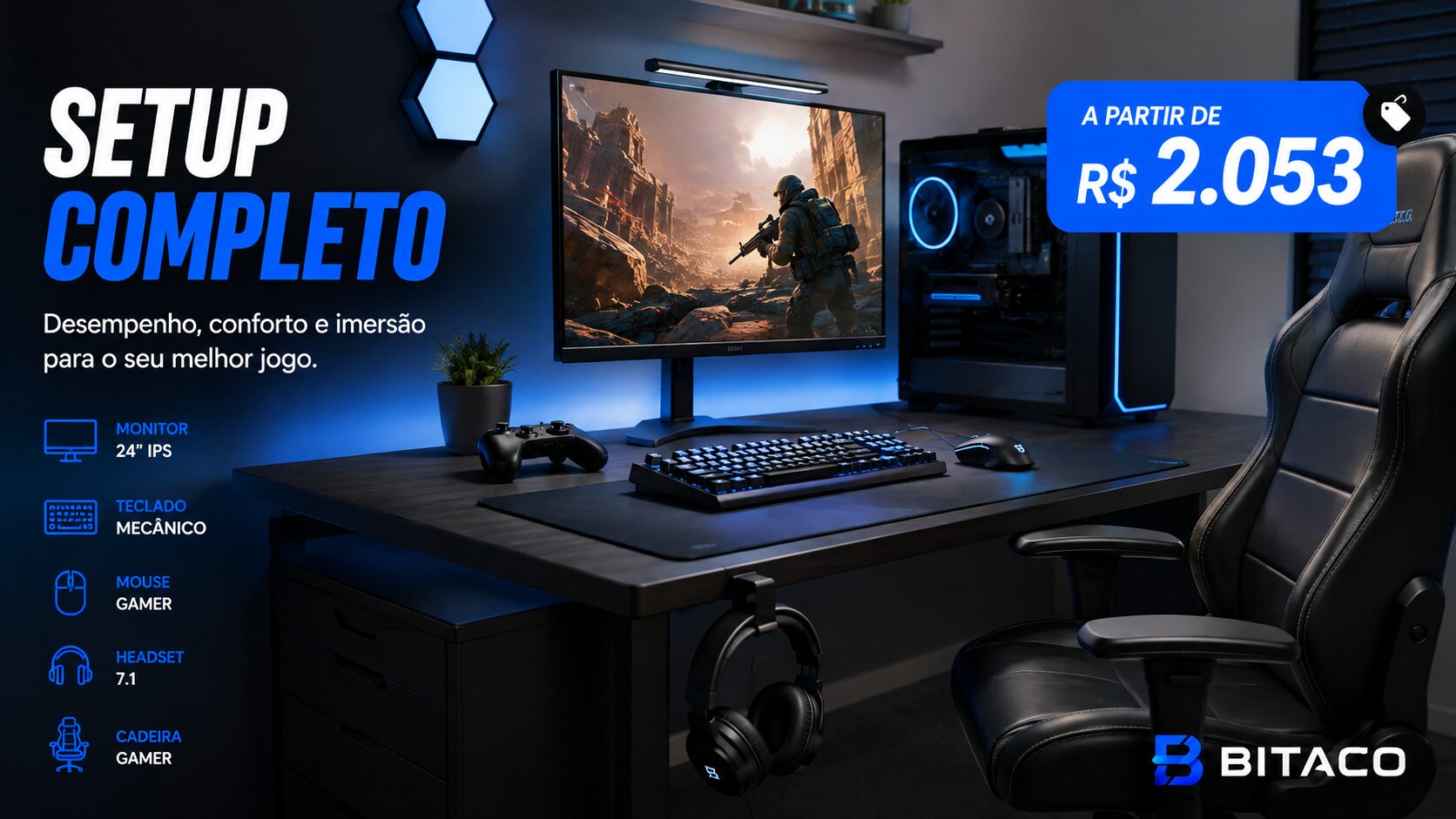 setup gamer completo montado com monitor, teclado e cadeira